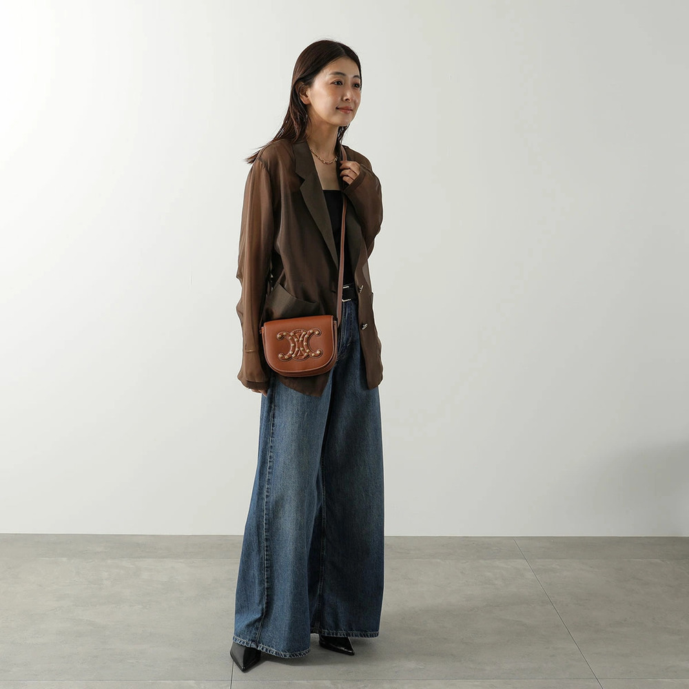 Celine Folco Shoulder Bag Triomphe Leather Crossbody Tan